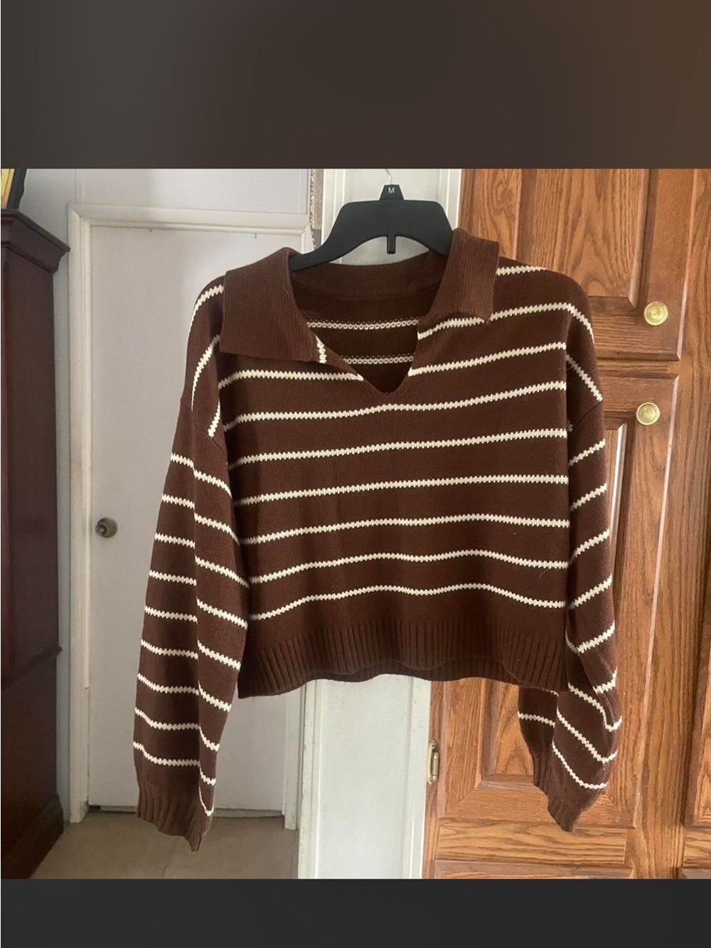 Women's Brown V-Neck Collared Striped Sweater